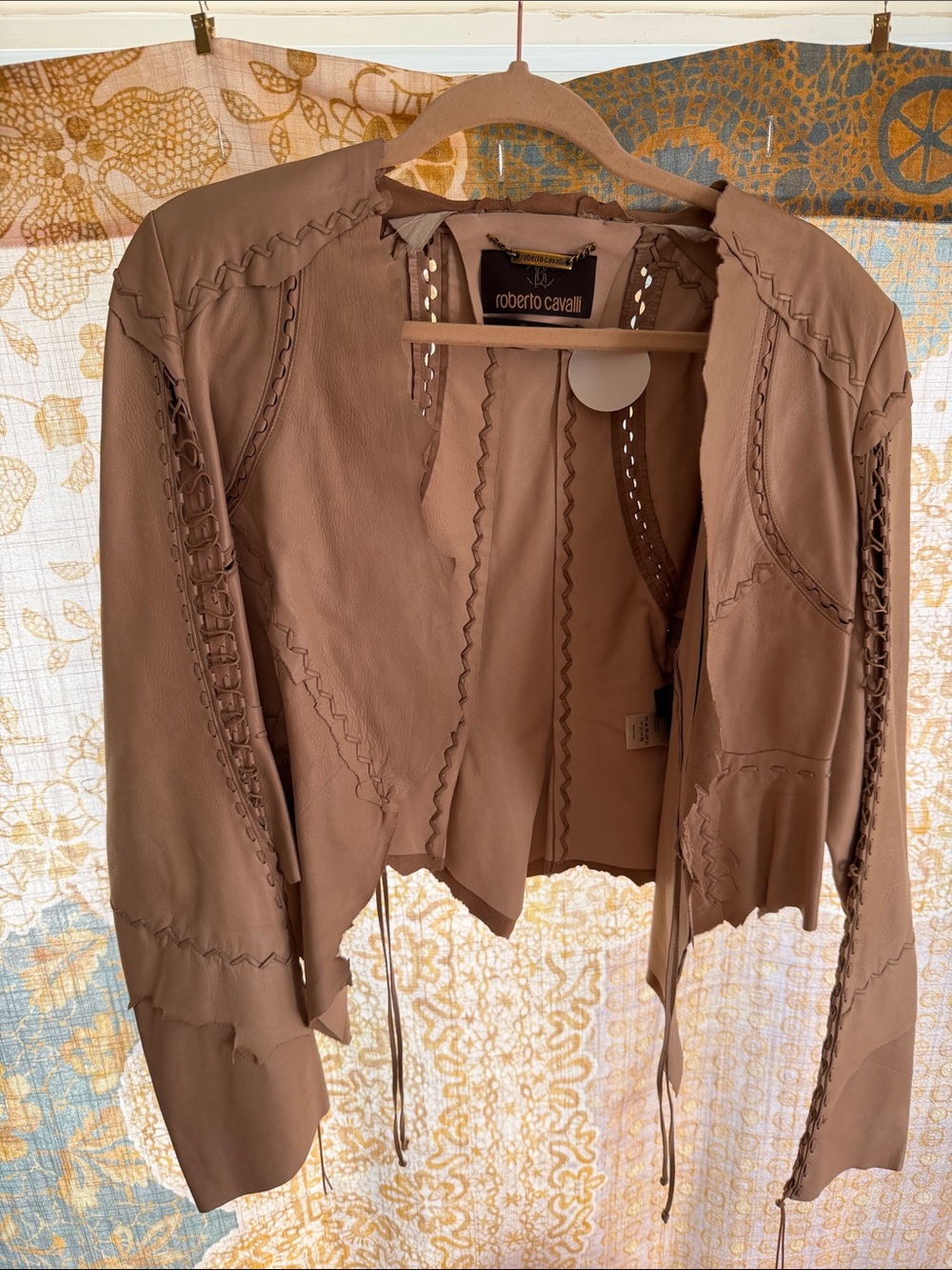 Roberto Cavalli Brown Leather Jacket with Lace-Up Details